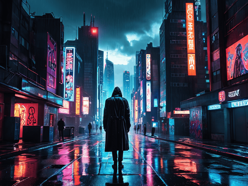 Cyberpunk cityscape at dusk